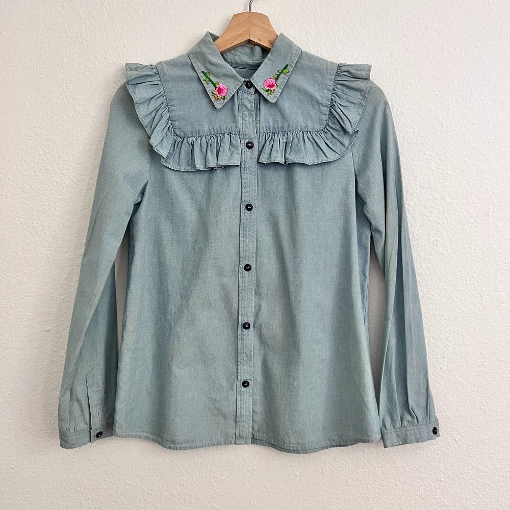 APC Upcycled Embroidered Memphis Chemise Button Down Ruffle Shirt Blouse​​​​